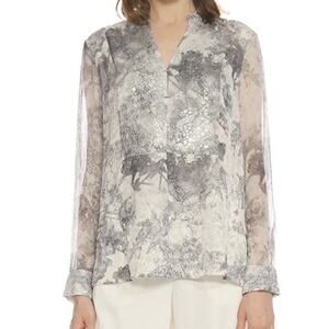 Elie Tahari Silk Chiffon Equestrian Print Blouse M White Silver Classy